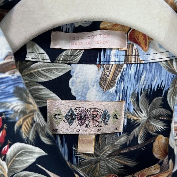 Vintage Campia Moda Shirt Men XXL Black Hawaiian Boat Ocean Cotton Aloha Floral - Picture 3 of 11